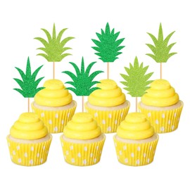 Ercadio Paquete de 24 decoraciones para cupcakes de piña, color verde, con purpurina, dona, piña, cupcakes, hawaiano, luau, tropical, divertido, piña, novia, fiesta de cumpleaños, decoración de tartas. Suministros