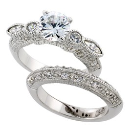 Sterling Silver Vintage Style 2-Piece Knife Edge Cubic Zirconia Ring Set with 7 mm (1 1/4 Carat Size) Brilliant Cut Center Stone, 5/16 inch (8 mm) Wide, Size 6