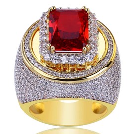 Htayekog 18K Gold Cluster Lab Simulated Diamond Band Micropave Mens Bling Ring Fashion Gold Plated Ruby CZ Diamond Ring (9)