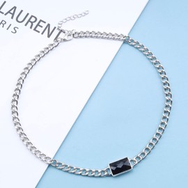 Cimenexe Bohemian Black Crystal Pendant Necklace Silver Curb Chain Necklace Black Square Choker Necklace CZ Chunky Link Chain Necklace Jewellery for Women and Girls Gifts