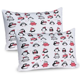 Ambesonne Winter Pillow Sham Set of 2, Penguins Hand Drawn Merry Christmas Greetings, Quality Microfiber Bedding Item for All Seasons, 30" x 20", White Pink