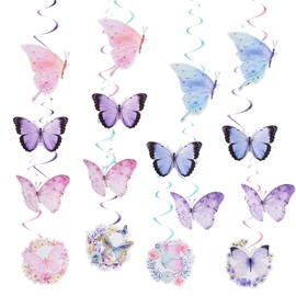 Focenat 30pcs Butterfly Hanging Swirl Decorations, Ceiling Butterfly Birthday Decoration, Spring Summer Themed Pink Purple Butterfly Birthday Party Decor for Girl Kid Children for Baby Shower,Wedding