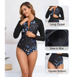 Halcurt Women's Long Sleeve One Piece Rash Guard Swimsuit Zip Front UPF50+ Surfing Swimwear White Blue Floral M