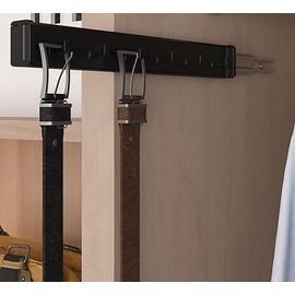 6-Hook Designer Wardrobe Reversible 13.75" Length Closet Belt Rack with 12" Retractable Pullout Extension and Installation Hardware (Matte Black)