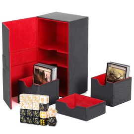 Jicoyin Card Holder Magnetic Card Box Leather Playing Card Box 3 Compartments Card Storage with 18 Dice Compatible with MTG TCG CCG for 200 Sleeved Cards, Red Black