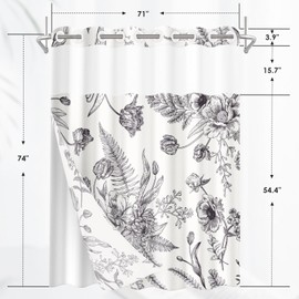 Culudea No Hook Floral Black White Shower Curtain with Snap in Liner Flowers Leaves Bath Curtain Bathroom Set with Double Layers Water-Repellent & Washable Mesh Top Window 71x74 Inch