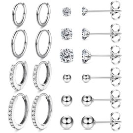 KRFY Earrings Stainless Steel for Women Girls Hypoallergenic Lightweight Huggie Hoop Earrings and Stud Earrings Set CZ Small Sleeper Cartilage Earrings for Multiple Piercings, 不