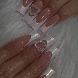 Pikabows Press On Nails Long Coffin Pink Heart Pearl French Tips Fake Nails Acrylic False Nail Tips Kit Glue on Nails for Women