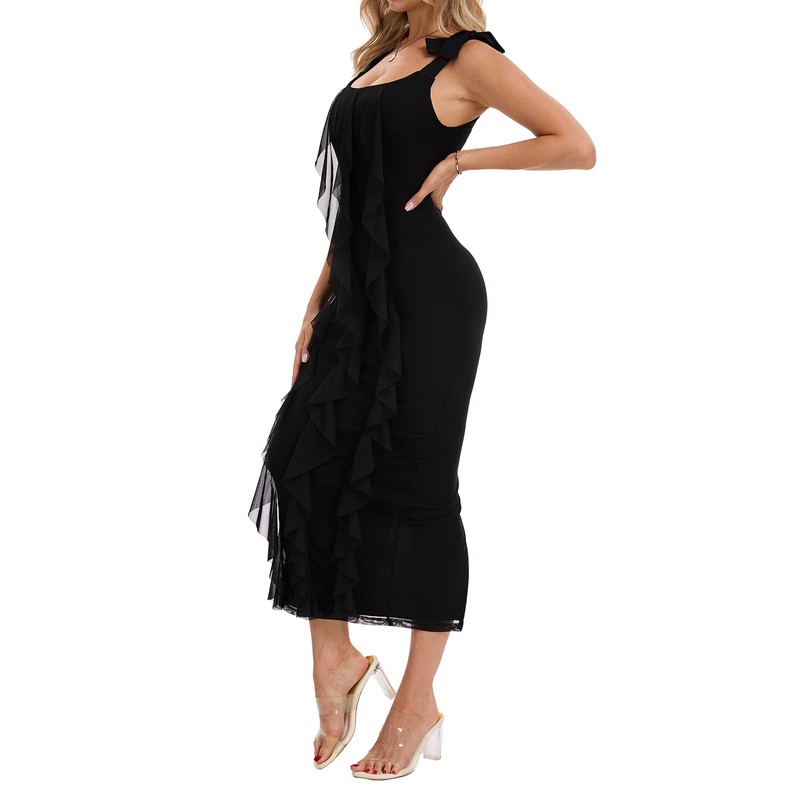 CUFEZN Women's Ruffled Bodycon Maxi Dress, Flowy Ruffle Tassel Ruched