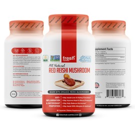 Fresh Nutrition Organic Reishi Mushroom Capsules - Rich in Alpha Glucan - Ganoderma Lucidum & Ganoderma Applanatim - Third Party Tested - 90 Capsules/Pills