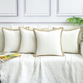 Thmyo Pack of 4 Farmhouse Decorative Throw Pillow Covers Burlap Linen Trimmed Tailored Edges Cushion Covers for Home Couch Sofa Outdoor Garden Patio, Off White 18x18 Inch