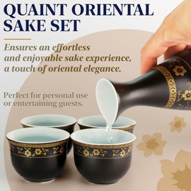 PUNNIO Janpanese Sake Set with Wamer, Ceramic 7pcs Sake Set with 1 Sake Carafe 4 Sake Cups 1 Sake Warmer 1 Candle Stove (Black)