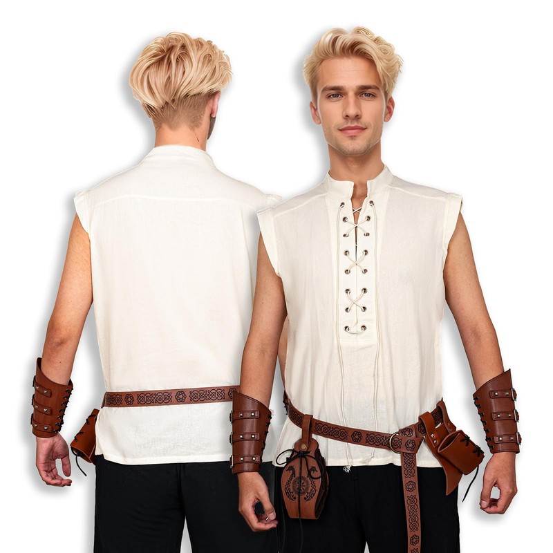 MVFEUIJ Medieval Renaissance Clothing Set, Men's Viking Costume Lace-up Shirt