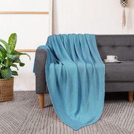 PiccoCasa 100% Cotton Knit Throw Blanket,Solid Lightweight Decorative Throws and Blankets,Soft Knitted Throw Blanket for Sofa Couch, Horizon Blue 50" x 60"