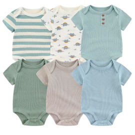 MAMIMAKA 6 Pack Baby Boys Short Sleeve Bodysuit Cotton Newborn Infant Outfits, 0-3 Months