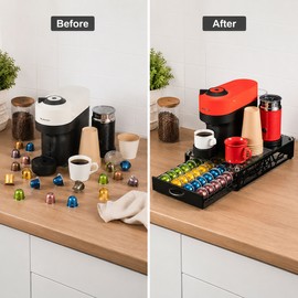 Coffee Pod Holder Drawer with Glass Top – Sleek Black Capsule Organizer Stand for Home, Office and Coffee Bar