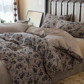 BuLuTu Vintage Muslin Duvet Cover Set Full, 100% Cotton Linen Like Comforter Cover Boho Floral Quilt Cover with 2 Pillowcases, 80"x90", Soft Breathable Bedding Set, Zipper & Corner Ties