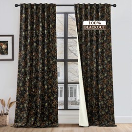 StangH Black Floral Curtains 84 Inches Long, 100% Blackout Vintage Boho Velvet Curtains & Drapes Thermal Insulated Super Soft Patterned Panels for Living Room Bedroom, W52 x L84, 2 Panels