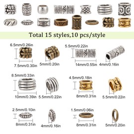 SUNNYCLUE 1 Box 150 Pieces Dreadlocks Beads Hair Beads Large Hole Viking Nordic Beard Beads Braiding African Hair Bead Tibetan Style European Tube Beads for Jewellery Making