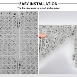 12inx12in Interlocking Drainage Tiles, Premium PVC Non-Slip Floor Mats with Quick-Drain Design for Bathroom, Kitchen, Swimming Pool, Garden,(12 Packs Grey)