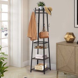 VECELO Coat Rack Freestanding,Hall Tree with Metal Basket and Storage Shelves,Industrial Coat Rack Stand with 8 Hooks for Hanging Coats/Hats/Bags/Umbrellas,18 x 18 x 72 In,Walnut Brown
