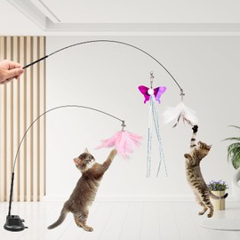 Funshare Automatic Suction Cup Cat Toy with Elastic Fishing Rod Premium Feathers Butterflies Wing Bell for Cat Play Supplies Stress Relief Lack of Exercise Cat Toys Indoor Cats