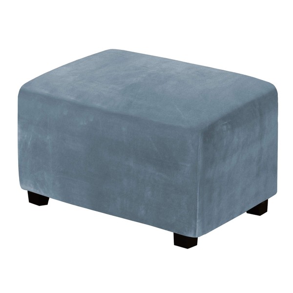 H.VERSAILTEX Real Velvet Plush 1 Piece Form Fit Stretch Rectangle Folding Storage Covers Ottoman Slipcovers Removable Footstool Protect Footrest Covers Elastic Bottom Washable(Large, Stone Blue)