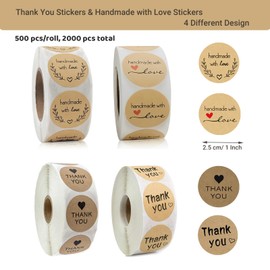 2000 Pcs Handmade with Love Stickers 1‘’ Thank You Stickers Kraft Paper Sticker Label for Homemade Goods, Envelopes, Party Deco, Bakery