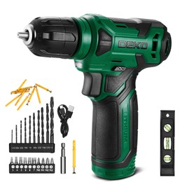 DEKOPRO 8V Cordless Drill, Drill Set with 3/8"Keyless Chuck, 42pcs Acessories, Built-in LED, Type-C Charge Cable, Green Power Drill for Drilling and Tightening/Loosening Screws