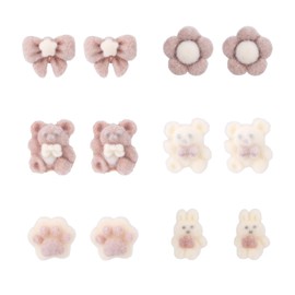 Mikovivi 6 Pairs Plastic Flocking Earrings, Cute Flowers Rabbit Bear Butterfly Cat's Paw Cartoon Designs Plastic Flocking Earrings Studs for Women & Girls Sensitive Ears