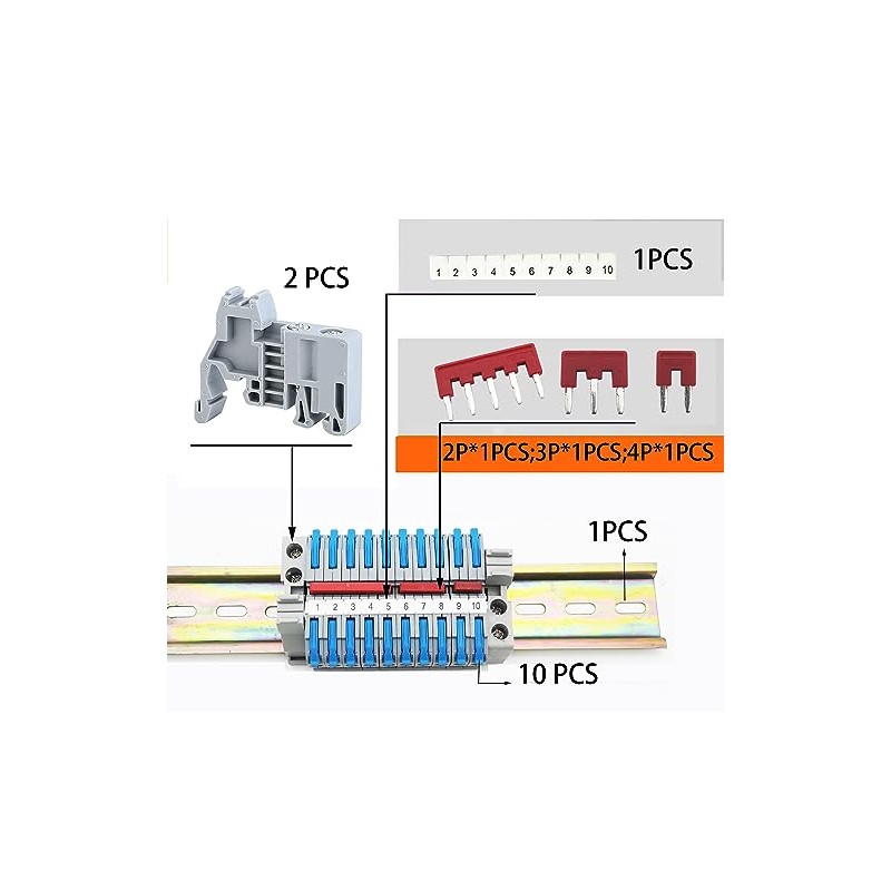 DIN Rail Terminal Block, CTRICALVER Terminal Block Kit, 10 Pieces