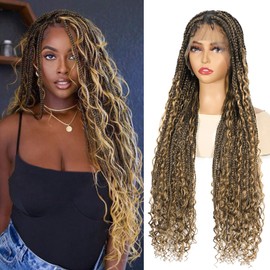 ROSEBONY 36" Boho Knotless Braided Wig for Black Women Double Full Lace Box Braid Wig with Baby Hair Bohemian Curly Ends Light Brown (1b-27)