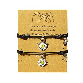 Fuqimanman2020 2pcs Bohemian Daisy Flower Rope Bracelet Set Mutual Attraction Sunflower for Women Relationship Matching Couple Long Distance Pinky Promise Summer Jewelry-Black