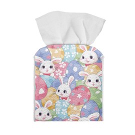 Eheartsgir Colorful Rabbit Eggs Pu Leather Square Tissue Box Cover Bathroom Bedroom Night Stand Accessories Modern Facial Paper Holder Organizer with Bottom Strap for Easter Decor