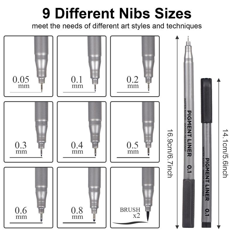 Marte Vanci Black Fineliner Pens, 10 Pack Technical Drawing Pens