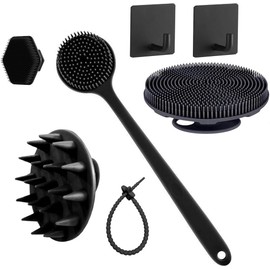 Juego de 7 cepillos de baño, compuesto por un cepillo de baño de mango largo, un cepillo de silicona para masaje capilar, un cepillo corporal, un cepillo facial hexagonal, con gancho y correa de silicona.