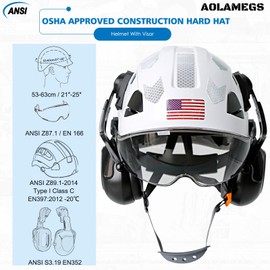 AOLAMEGS Construction Hard Hat With Visor and Earmuffs-OSHA Approved Safety Hard Hats with Eye and Hearing Protection,Reflective Safety Helmet Hat with Chin Strap,ANSI Z89.1 Type 1 Class C,Smoke Visor