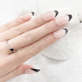 COLOR ELEMENT Black French Tip Press On Nails Almond, Reusable ABS Natural Nails Press Ons Short, Short Almond Press On Nails Short False Nails Short Fake Nails With Designs (Black French)