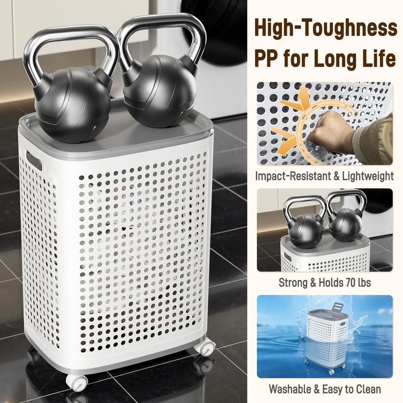 Laundry Basket with Wheels & Lid, Rolling Clothes Hamper with