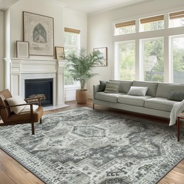 GENIMO 8x10 Area Rugs for Living Room, Machine Washable Low Pile Rugs, Non Slip Vintage Rug for Bedroom, Dining Room, Home Office, Kitchen, Medium Gray