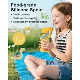 Kids Water Bottle 14oz with Silicone Straw Lid - Insulated Water Bottle Stainless Steel Keeps Cold 24H, Leak Proof & Dinosaur Prints Design | Custom Name Stickers for School, Daycare, Travel,Yellow