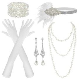 5Pcs 1920s Accessories Set for Women Flapper Costume, Fashion Vintage Roaring 20s Costumes for Women with Feather Headband, Faux Pearl Necklace Bracelet, Earrings, Cloth Gloves (Beige
