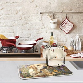 Gorgeous Pattern Kitchen Countertop Dish Drying Mat, Meadow Flower Labrador Dog Butterfly Absorbent Large 18" x 24" Slip-Resistant Table Protector Multipurpose Counter Rack Sink Drainer Pad