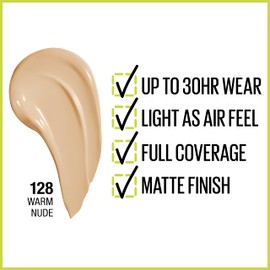 Maybelline Super Stay Full Coverage Liquid Foundation Active Wear Makeup, Up to 30Hr Wear, Transfer, Sweat & Water Resistant, Matte Finish, Warm Nude, 1 Count