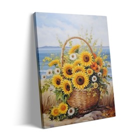 Valentine's Day Canvas Wall Art Decor - 16X20 inch Romantic Sunflower Basket Painting, Coastal Floral Artwork, Vintage Canvas Wall Art Decor for Living Room, Bedroom, Kitchen, Home Gift