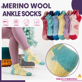 Velice Merino Wool Ankle Hiking Running Socks for Women Compression Support Thick Athletic Cushion Breathable No Show Socks 6 Pairs(Multicolor, Medium)