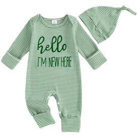 Mubineo Newborn Baby Boy Clothes Hello Im New Here Striped Outfits Girl Romper Jumpsuit Hat Coming Home Outfit Set (Green, 0-3 Months)