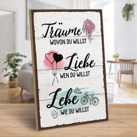 ARTFAVES® Wooden sign with saying "Träume - Liebe - Lebe" (German language) Vintage decorative sign on the theme of happiness/mindfulness | Shabby chic wooden picture also as a gift