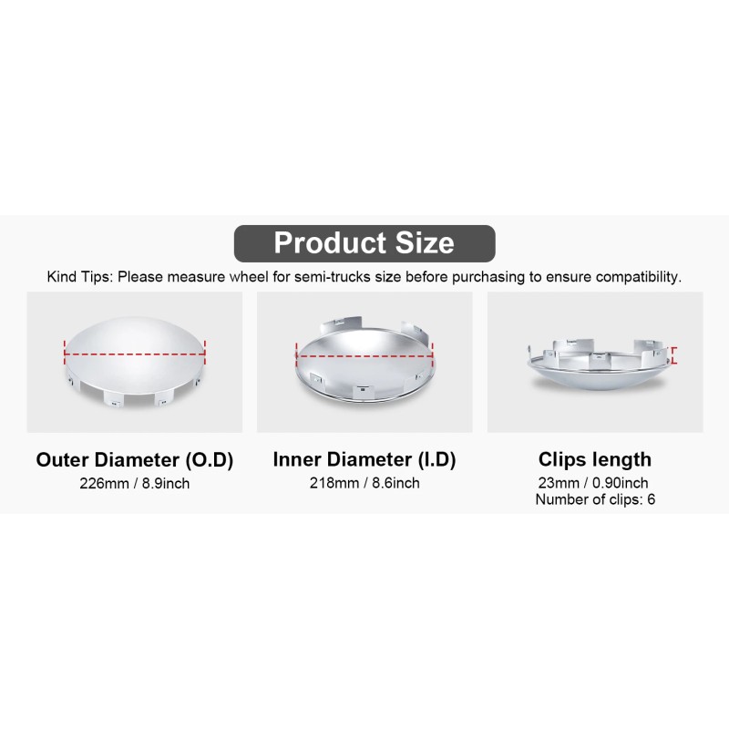 Chrome Hub Cap Covers for Semi Truck 8.9" Hub Caps,