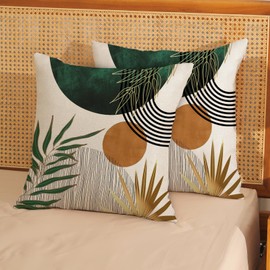 GOLIANDA Boho Pillow Covers 18x18 Set of 2 Gold Green Throw Pillows Modern Mid Century Pillowcase Tropical Leaves Orange Sun Decorative Pillows Outdoor Decorations Bohemian Cushion Case for Sofa Home